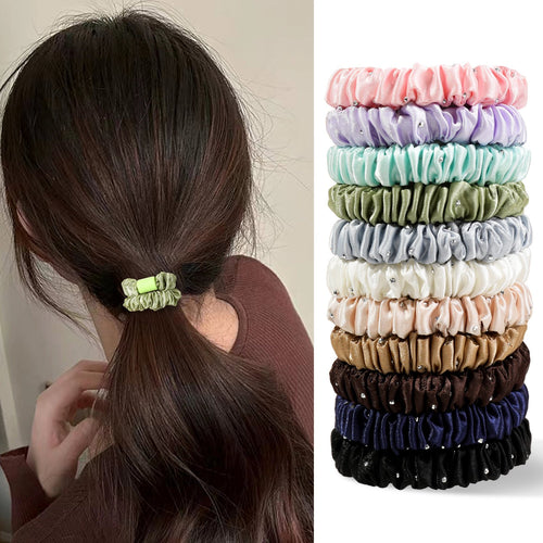 IVYU Scrunchies Silk Satin with diamonds Hair Ties - Elestics Ponytail Holder Hair Bands Small Scrunchy For Thick Curl Hair No Crease Hair Ties Accessories Soft Ropes No Hurt Your Hair for Women and Girls - Ivyu Beauty