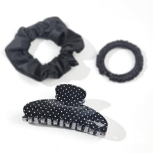 Load image into Gallery viewer, Acetate Hair Claw Clip for Women, 3.8-Inch Black Polka Dot Big Hair Clips Strong Hold No Slip Claw Clips for Thick or Thin Hair, Includes 2 Black Satin Scrunchies
