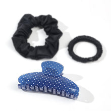 将图片加载到图库查看器，Acetate Hair Claw Clip for Women, 3.8-Inch Blue Polka Dot Big Hair Clips Strong Hold No Slip Claw Clips for Thick or Thin Hair, Includes 2 Black Satin Scrunchies
