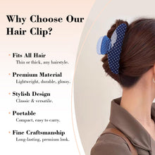 将图片加载到图库查看器，Acetate Hair Claw Clip for Women, 3.8-Inch Blue Polka Dot Big Hair Clips Strong Hold No Slip Claw Clips for Thick or Thin Hair, Includes 2 Black Satin Scrunchies
