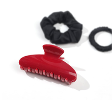 将图片加载到图库查看器，Cherry Red Hair Claw Clips for Women, Premium PC Material for Long-Term Use, 4.1 Inch Big Strong Hold No Slip Hair Clips for Thick or Thin Hair, Includes 2 Black Satin Scrunchies
