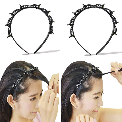 Ivyu Headbands for Women Head bands for Girls Thin Plastic Headband with Clips Hair Bands Fashion Braided Headbands Double Layer Twist Plait Hair Tools Double Bangs Hairstyle Hairpin for Work out Black - Ivyu Beauty