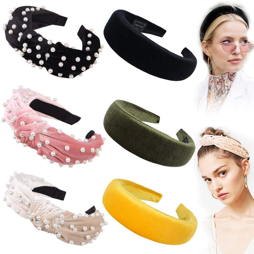 Headbands For Women Hair Head Bands - Knotted Pearl Turban Cute Headbands Velvet Padded Hair bands for Women’s hair Wide Thick Top Knot Hairbands For Girls (3 Pearl Headbands+3Velvet Padded Headbands) - Ivyu Beauty