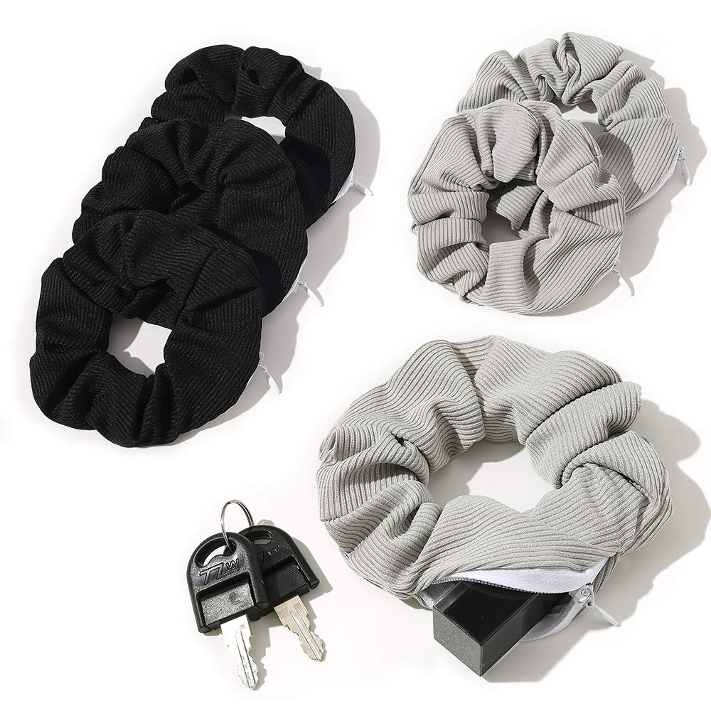 Pocket Scrunchies with Zipper Stash Scrunchy Hair Ties (Black Gray) - Ivyu Beauty