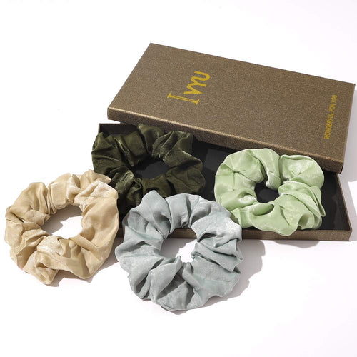 IVYU Silk Satin Scrunchies Women Hair Ties - 4 Big Scrunchy Ponytail Holder No Crease Hair Bands Soft Elastic No Hurt Your Hair for Vsco Girl Women Gray Dark Green Light Green Beige - Ivyu Beauty