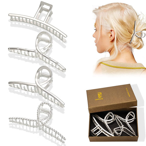 Hair Claw Clips for Women - Big Large Gold Metal Claw Hair Clips Accessories for Girls French Design Fashion Strong Hold Jumbo Jaw Banana Clamps for Thick Long Curly Half Bun Hair Adult Lady (4, Matel Sliver) - Ivyu Beauty