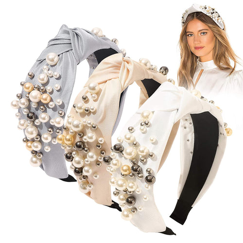 Ivyu Headbands for Women Head Bands -3 Knotted Pearl Headband Diademas Para Mujer De Moda Hair Accessories Hairbands for Girls No Slip Fashion Cute Top Knot Headband Gift for Women White Gray Beige - Ivyu Beauty