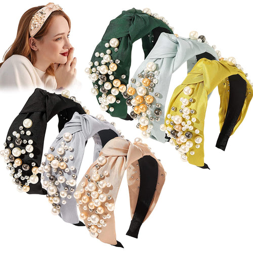 Fashion Pearl Knotted Headbands for Women - 6 Pack Wide Colorful No Slip Large Accessories Hairbands Oversize Para Mujer De Moda Head Band Stretchy Gifts for Girls - Ivyu Beauty