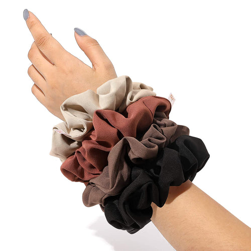 Scrunchies Hair Ties Big Large Scrunchie for Girls Women Thick Hair Cute Hairties Jumbo Scrunchy For Thick Curl Hair No Crease Hair Accessories Soft Ropes Ponytail Holder No Hurt Your Hair (Black Brown Beige Brick-red) - Ivyu Beauty