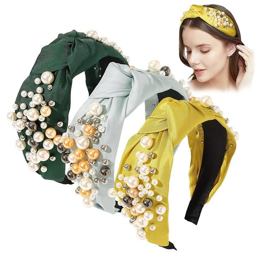 Ivyu Headbands for Women Head Bands - 3 Knotted Pearl Headband Diademas Para Mujer De Moda Hair Accessories Hairbands for Girls No Slip Fashion Cute Top Knot Headband Gift for Women Green Yellow Blue - Ivyu Beauty