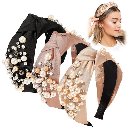 Ivyu Headbands for Women Head Bands - 3 Knotted Pearl Headband Diademas Para Mujer De Moda Hair Accessories Hairbands for Girls No Slip Fashion Cute Top Knot Headband Gift for Women Black Pink Gold - Ivyu Beauty