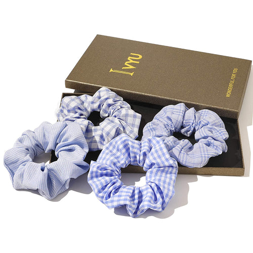 Ivyu Scrunchies Hair Ties Chiffon Scrunchy (Blue Plaid) - Ivyu Beauty